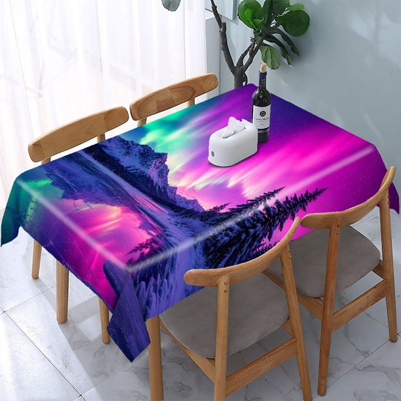 RKSupls Pink Aurora Lake Reflection Rectangle Dining Tablecloth, Washable Wipeable Stain & Wrinkle Resistant Polyester Tablecloth for Kitchen Picnic Party