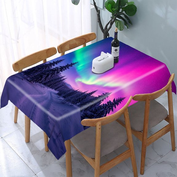 RKSupls Pink Aurora Pine Forest Rectangle Dining Tablecloth, Washable Wipeable Stain & Wrinkle Resistant Polyester Tablecloth for Kitchen Picnic Party