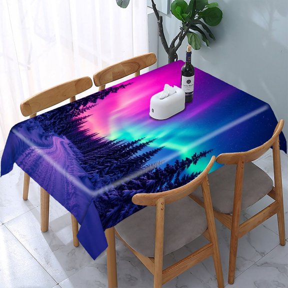 RKSupls Pink Aurora Snowy Path Forest Rectangle Dining Tablecloth, Washable Wipeable Stain & Wrinkle Resistant Polyester Tablecloth for Kitchen Picnic Party