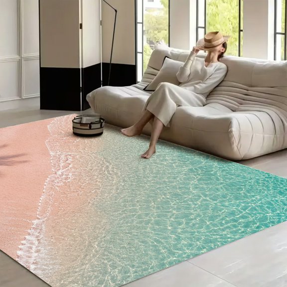 RKSupls 4x3ft Pink Beach Aerial Palm Shadow Soft Fluffy Velvet Area Rug for Living Room Bedroom, Non-Slip Washable Carpet, Chic Minimalist Home Decor