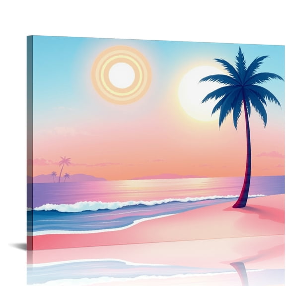 RKSupls Pink Beach Sunset Canvas Wall Art, Tropical Coastal Wall Decor Print, Modern Artwork for Living Room Bedroom Office Home Decor