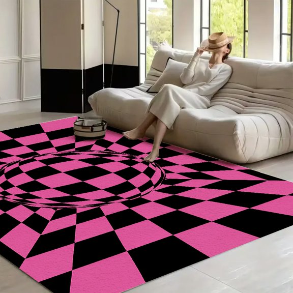 RKSupls Pink Black Checkered Sphere Abstract Soft Fluffy Velvet Area Rug for Living Room Bedroom, Non-Slip Washable Carpet, Chic Minimalist Home Decor