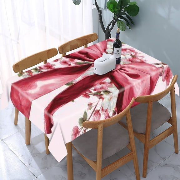 RKSupls Pink Bow Cherry Blossoms Rectangle Dining Tablecloth, Washable Wipeable Stain & Wrinkle Resistant Polyester Tablecloth for Kitchen Picnic Party