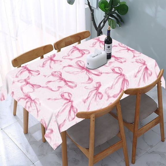 RKSupls Pink Bows Pattern Rectangle Dining Tablecloth, Washable Wipeable Stain & Wrinkle Resistant Polyester Tablecloth for Kitchen Picnic Party