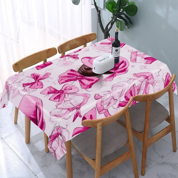 RKSupls Pink Bows Rectangle Dining Tablecloth, Washable Wipeable Stain & Wrinkle Resistant Polyester Tablecloth for Kitchen Picnic Party