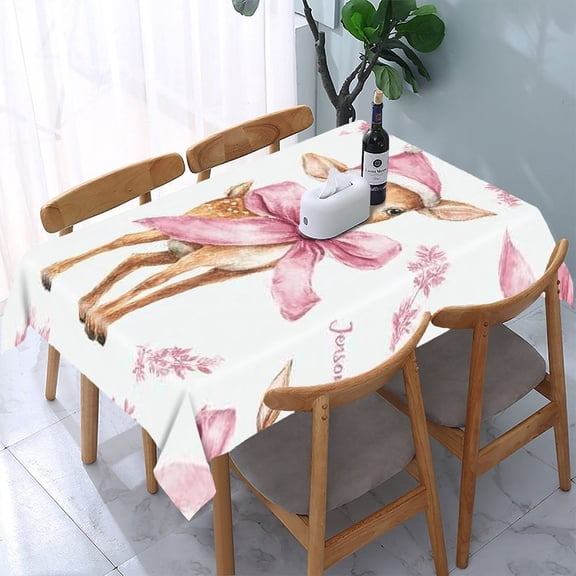 RKSupls Pink Deer Bow Pattern Rectangle Dining Tablecloth, Washable Wipeable Stain & Wrinkle Resistant Polyester Tablecloth for Kitchen Picnic Party
