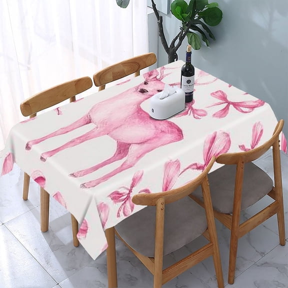 RKSupls Pink Deer Bows Rectangle Dining Tablecloth, Washable Wipeable Stain & Wrinkle Resistant Polyester Tablecloth for Kitchen Picnic Party