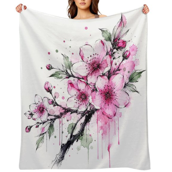 RKSupls Pink Flower Branch Drip Paint Soft Flannel Throw Blanket, Lightweight Fuzzy Warm Cozy Blanket for Couch Bed Home Travel Decor