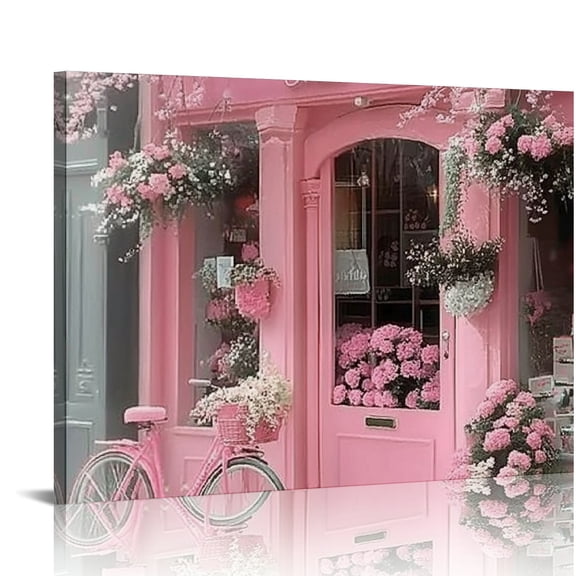 RKSupls Pink Flower Shop Bicycle Canvas Wall Art, Parisian Aesthetic Style Wall Decor Print, Modern Artwork for Living Room Bedroom Office Home Decor