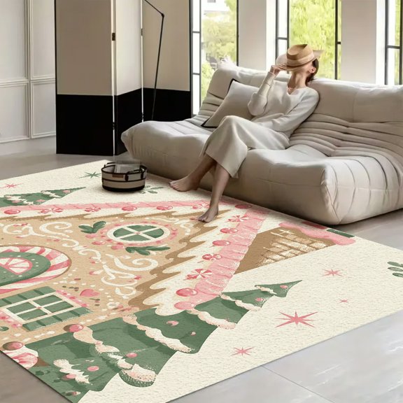 RKSupls Pink Gingerbread House Trees Soft Fluffy Velvet Area Rug for Living Room Bedroom, Non-Slip Washable Carpet, Modern Minimalist Home Decor Floor Mat