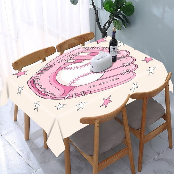 RKSupls Pink Glove Baseball Star Rectangle Dining Tablecloth, Washable Wipeable Stain & Wrinkle Resistant Polyester Tablecloth for Kitchen Picnic Party