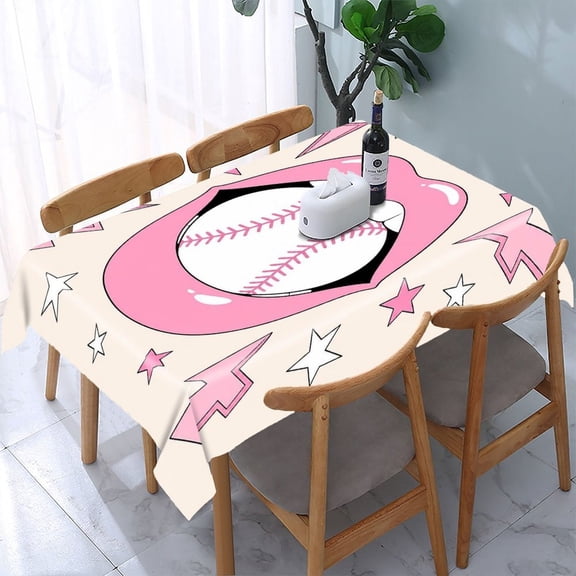 RKSupls Pink Heart Baseball Ornament Rectangle Dining Tablecloth, Washable Wipeable Stain & Wrinkle Resistant Polyester Tablecloth for Kitchen Picnic Party