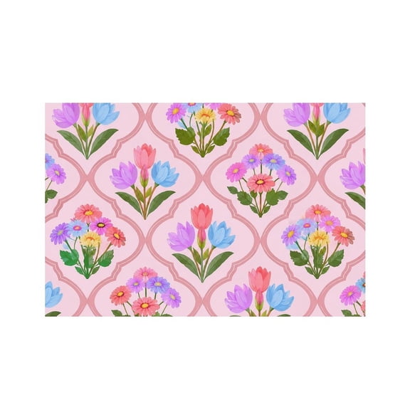 RKSupls Pink Lattice Spring Bouquet Linen Placemats 30x45cm Straight Edge Stain Resistant Washable Non-Slip Table Mats Table for Kitchen Dining Room Home