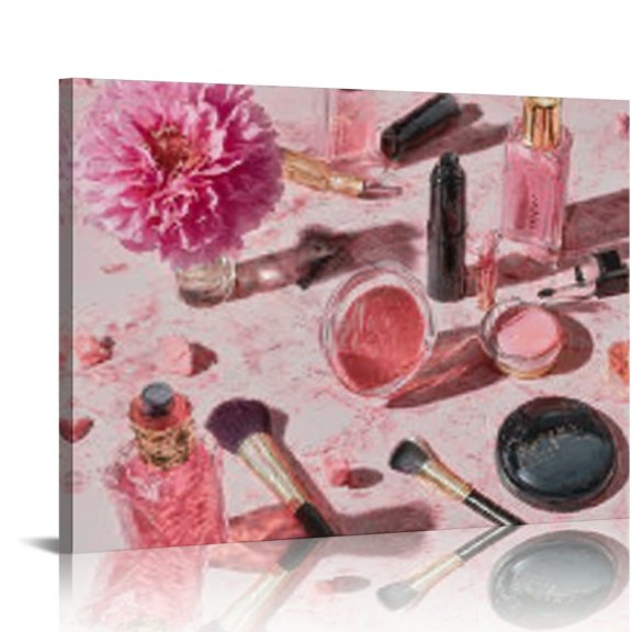 RKSupls Pink Makeup Canvas Wall Art, Floral Glam Wall Decor Print, Modern Artwork for Living Room Bedroom Office Home Decor