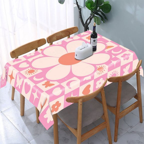 RKSupls Pink Patchwork Sun Flower Rectangle Dining Tablecloth, Washable Wipeable Stain & Wrinkle Resistant Polyester Tablecloth for Kitchen Picnic Party