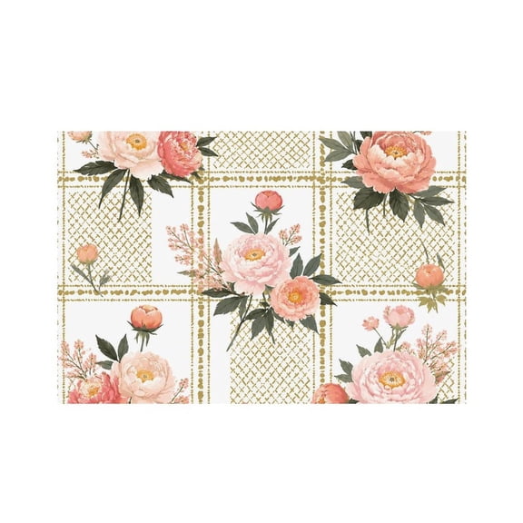 RKSupls Pink Peony Gold Grid Linen Placemats 30x45cm Straight Edge Stain Resistant Washable Non-Slip Table Mats Table for Kitchen Dining Room Home