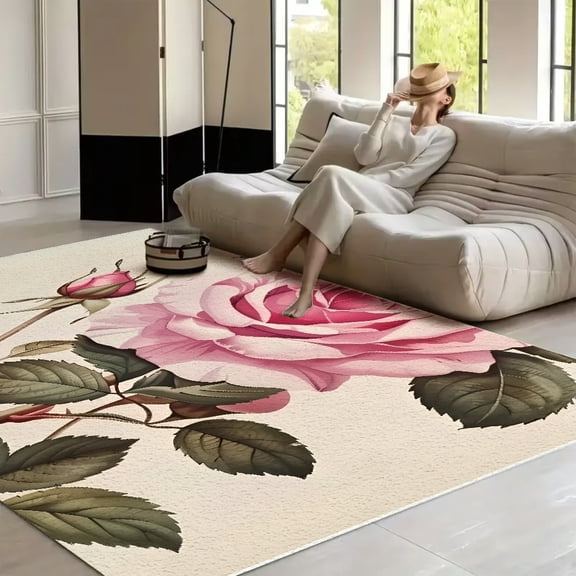RKSupls Pink Rose Leaves Soft Fluffy Velvet Area Rug for Living Room Bedroom, Non-Slip Washable Carpet, Modern Minimalist Home Decor Floor Mat