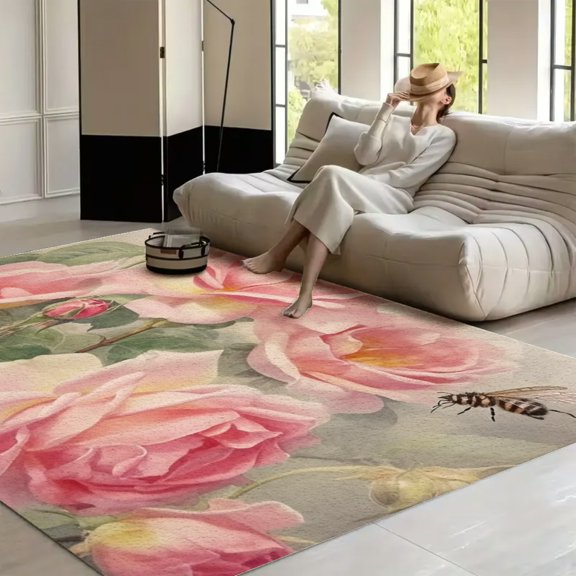 RKSupls Pink Roses Bee Vintage  Soft Fluffy Velvet Area Rug   for Living Room Bedroom, Non-Slip Washable Carpet, Modern Minimalist Home Decor Floor Mat
