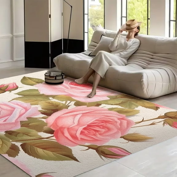 RKSupls Pink Roses Gold Border Soft Fluffy Velvet Area Rug for Living Room Bedroom, Non-Slip Washable Carpet, Modern Minimalist Home Decor Floor Mat