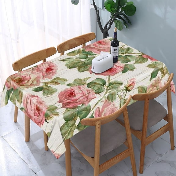 RKSupls Pink Roses Wood Rectangle Dining Tablecloth, Washable Wipeable Stain & Wrinkle Resistant Polyester Tablecloth for Kitchen Picnic Party
