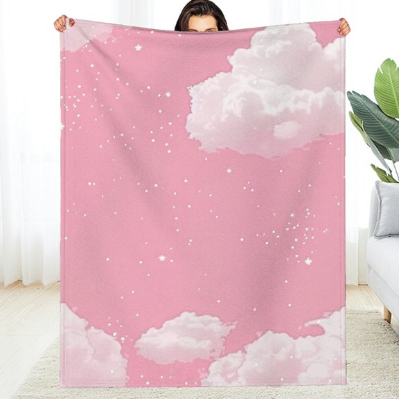 RKSupls Pink Sky Clouds Stars Soft Flannel Fleece Blanket, Soft Machine Washable Fuzzy Bedding for the Couch, Soft Throw for Couch, Travel, Camping Home Decor