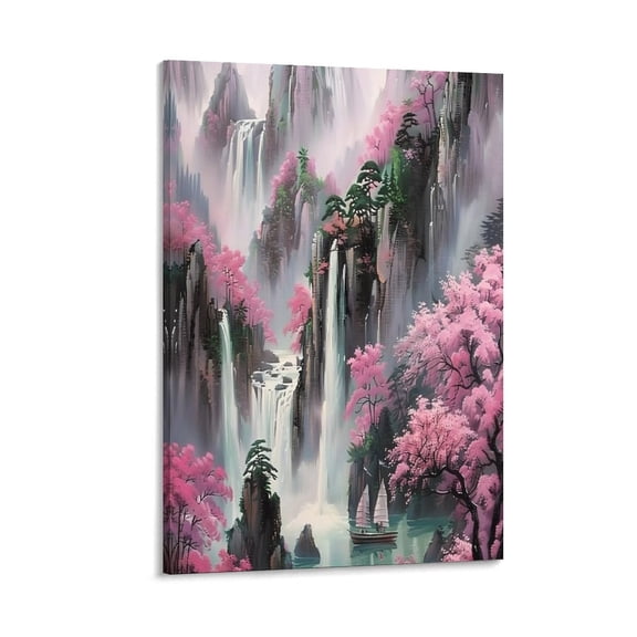 RKSupls Pink Trees Mountain Waterfall Canvas Wall Art Framed Painting, Modern Home Decor Print for Living Room Bedroom Office Wall Decoration