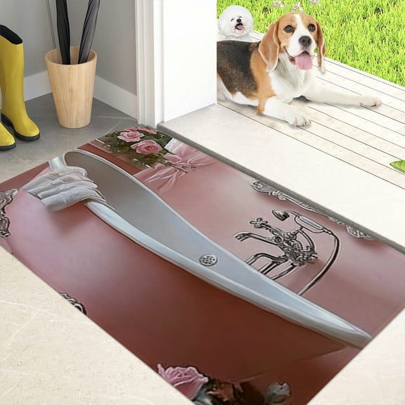 RKSupls Pink Vintage Bathtub Rose Flannel Floor Mat with Anti-Skid Backing Non-Slip Absorbent Machine Washable Indoor Rug for Bathroom Kitchen Entryway, 40*60cm