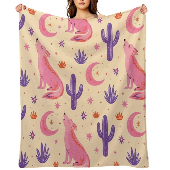 RKSupls Pink Wolf Howl Moon Pattern Soft Flannel Throw Blanket, Lightweight Fuzzy Warm Cozy Blanket for Couch Bed Home Travel Decor