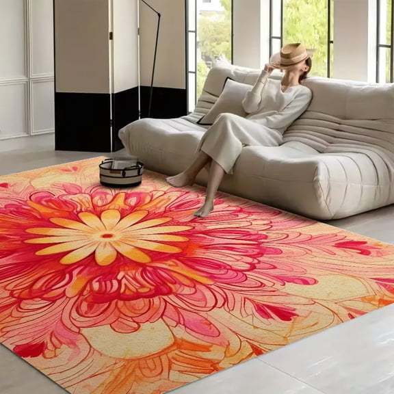 RKSupls Pink Yellow Mandala Floral Soft Fluffy Velvet Area Rug for Living Room Bedroom, Non-Slip Washable Carpet, Modern Minimalist Home Decor Floor Mat