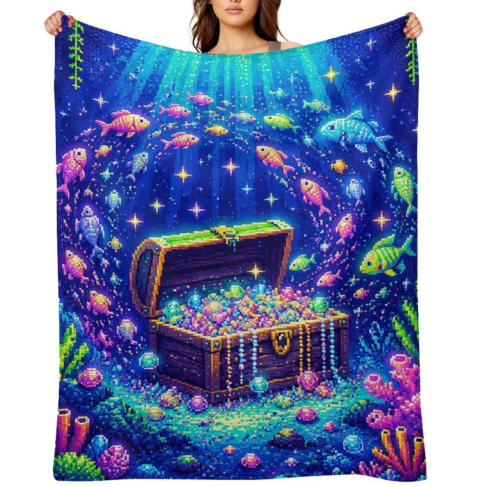 RKSupls Pixel Treasure Chest Underwater Soft Flannel Throw Blanket ...