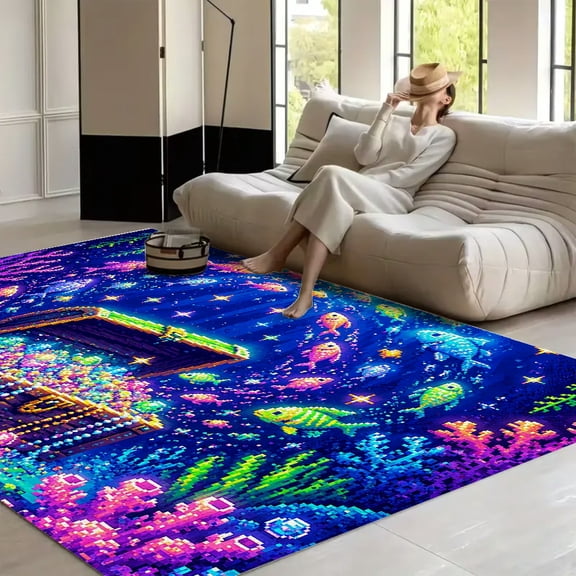 RKSupls Pixel Treasure Chest Underwater  Soft Fluffy Velvet Area Rug   for Living Room Bedroom, Non-Slip Washable Carpet, Modern Minimalist Home Decor Floor Mat