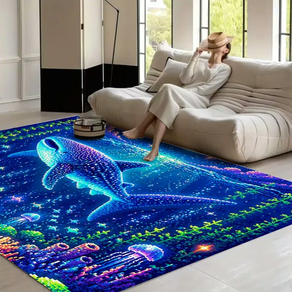 RKSupls Pixel Whale Shark Night Ocean Soft Fluffy Velvet Area Rug for Living Room Bedroom, Non-Slip Washable Carpet, Modern Minimalist Home Decor Floor Mat