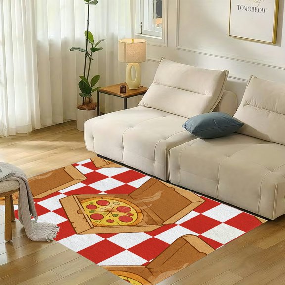 RKSupls Pizza Box Delivery Soft Flannel Area Rug 71x47 Inch, Non-Slip Floor Mat for Living Room Bedroom, Warm Fuzzy Carpet for Winter Holiday Decor