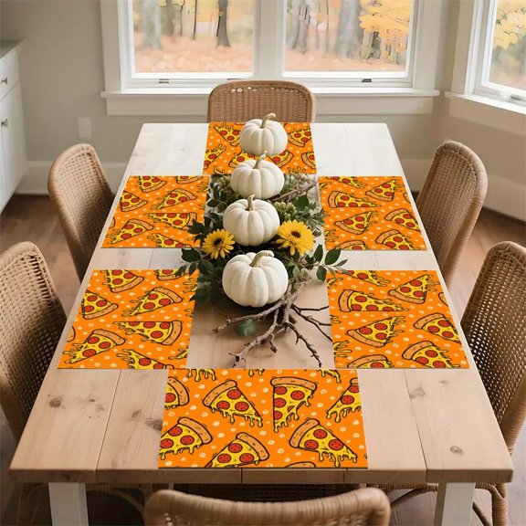 RKSupls Pizza Slice Pattern Orange Background Cartoon Linen Placemats 30x45cm Straight Edge Stain Resistant Washable Non-Slip Table Mats Table for Kitchen Dining Room Home