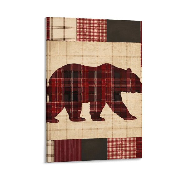RKSupls Plaid Bear Silhouette Patchwork Canvas Wall Art Framed Painting, Modern Home Decor Print for Living Room Bedroom Office Wall Decoration