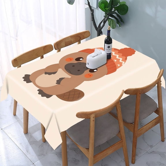 RKSupls Platypus Winter Beanie Cute Rectangle Dining Tablecloth, Washable Wipeable Stain & Wrinkle Resistant Polyester Tablecloth for Kitchen Picnic Party