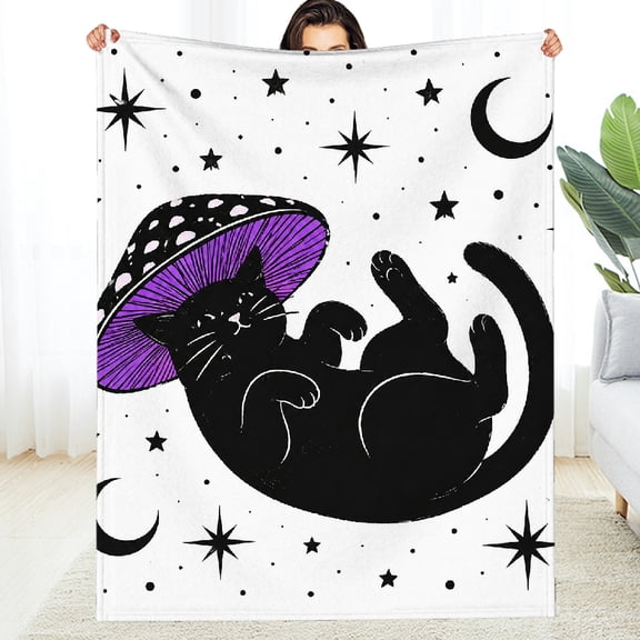 RKSupls Playful Cat Mushroom Hat Warm and Cozy Throw, Warm Air Conditioning Fuzzy Bedding for the Couch, Soft Throw for Couch, Travel, Camping