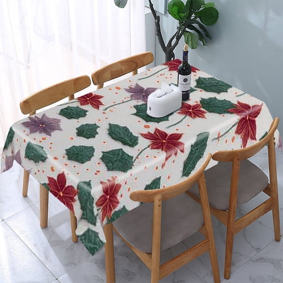 RKSupls Poinsettia Holly Pattern Rectangle Dining Tablecloth, Washable Wipeable Stain & Wrinkle Resistant Polyester Tablecloth for Kitchen Picnic Party