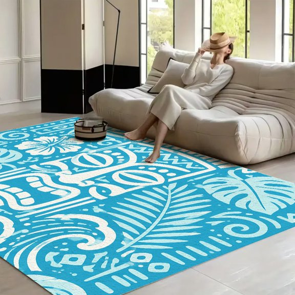 RKSupls Polynesian Tiki Mask Tropical Blue Soft Fluffy Velvet Area Rug for Living Room Bedroom, Non-Slip Washable Carpet, Modern Minimalist Home Decor Floor Mat