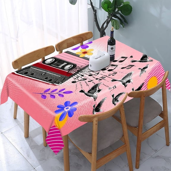 RKSupls Pop Art Cassette Birds Music Rectangle Dining Tablecloth, Washable Wipeable Stain & Wrinkle Resistant Polyester Tablecloth for Kitchen Picnic Party
