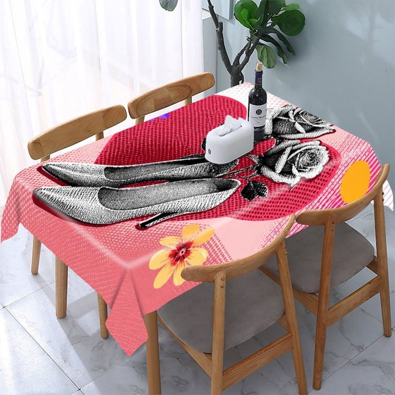 RKSupls Pop Art Heels Roses Heart Pink Rectangle Dining Tablecloth, Washable Wipeable Stain & Wrinkle Resistant Polyester Tablecloth for Kitchen Picnic Party