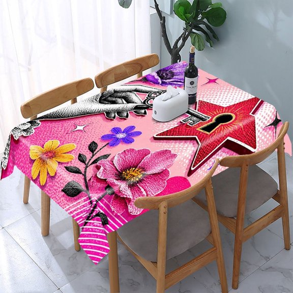 RKSupls Pop Art Key Hand Star Flowers Rectangle Dining Tablecloth, Washable Wipeable Stain & Wrinkle Resistant Polyester Tablecloth for Kitchen Picnic Party