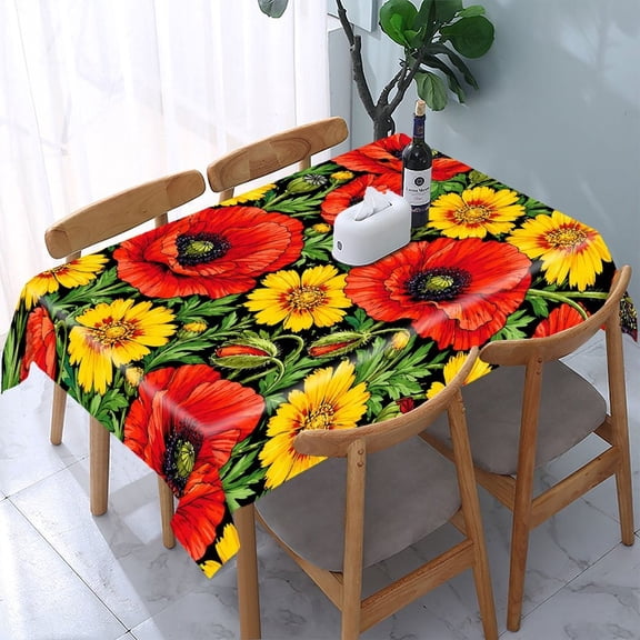 RKSupls Poppy Daisy Pattern Rectangle Dining Tablecloth, Washable Wipeable Stain & Wrinkle Resistant Polyester Tablecloth for Kitchen Picnic Party
