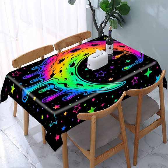 RKSupls Psychedelic Dripping Moon Stars Art Rectangle Dining Tablecloth, Washable Wipeable Stain & Wrinkle Resistant Polyester Tablecloth for Kitchen Picnic Party