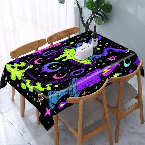 RKSupls Psychedelic Moon Star Design Rectangle Dining Tablecloth, Washable Wipeable Stain & Wrinkle Resistant Polyester Tablecloth for Kitchen Picnic Party