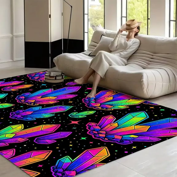 RKSupls Psychedelic Rainbow Crystal Pattern  Soft Fluffy Velvet Area Rug   for Living Room Bedroom, Non-Slip Washable Carpet, Modern Minimalist Home Decor Floor Mat