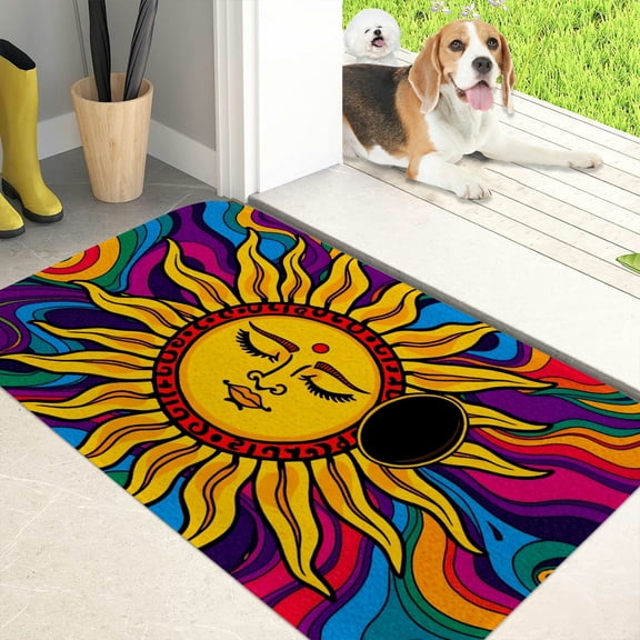 RKSupls Psychedelic Sun Face Flannel Floor Mat with Anti-Skid Backing Non-Slip Absorbent Machine Washable Indoor Rug for Bathroom Kitchen Entryway, 45x152cm
