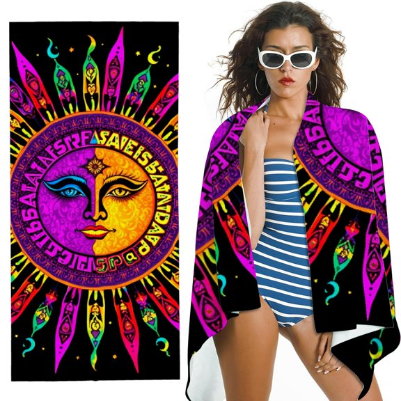 RKSupls Psychedelic Sun Moon Face Microfiber Beach Towel, Extra Large Quick Dry Lightweight Absorbent Towel for Travel Swimming Camping, Soft Super Absorbent- 30x60 in