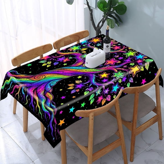 RKSupls Psychedelic Tree Stars Rectangle Dining Tablecloth, Washable Wipeable Stain & Wrinkle Resistant Polyester Tablecloth for Kitchen Picnic Party