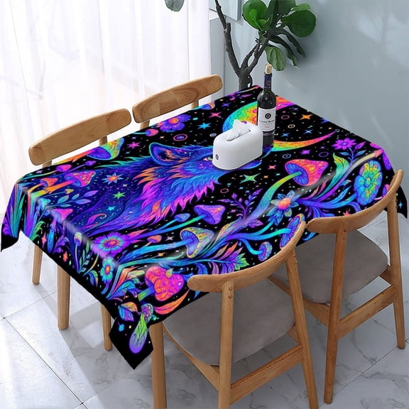 RKSupls Psychedelic Wolf Moon Rectangle Dining Tablecloth, Washable Wipeable Stain & Wrinkle Resistant Polyester Tablecloth for Kitchen Picnic Party